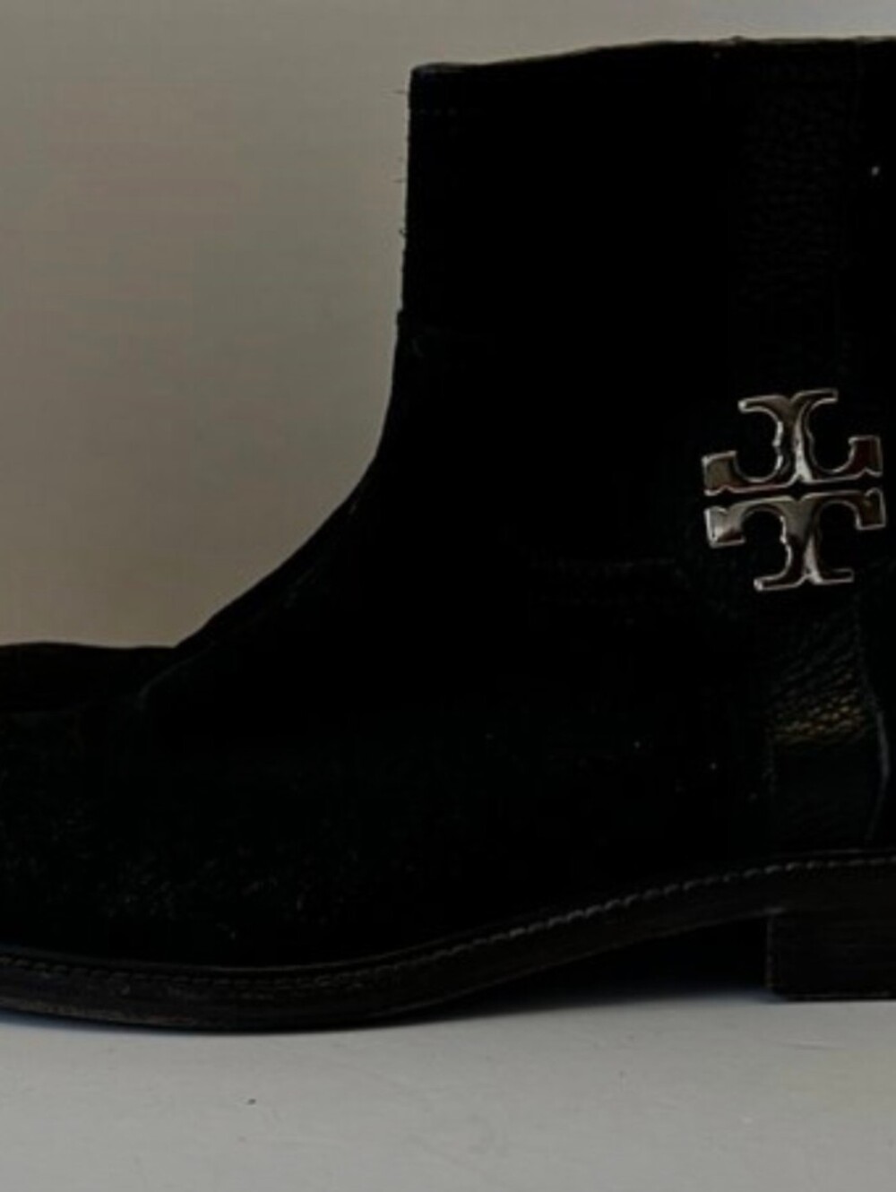 Tory Burch Black Suede Ankle Boots with Silver Logo